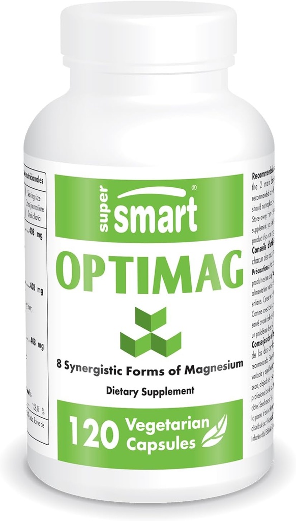 Supersmart - Optimag - Complejo de Magnesio Poderoso - 8 Formas Diferentes de Magnesio para la asimilación óptima - Lucha contra la Deficiencia Magnesio ← No Gluten Libre - 120 cápsulas vegetarianas