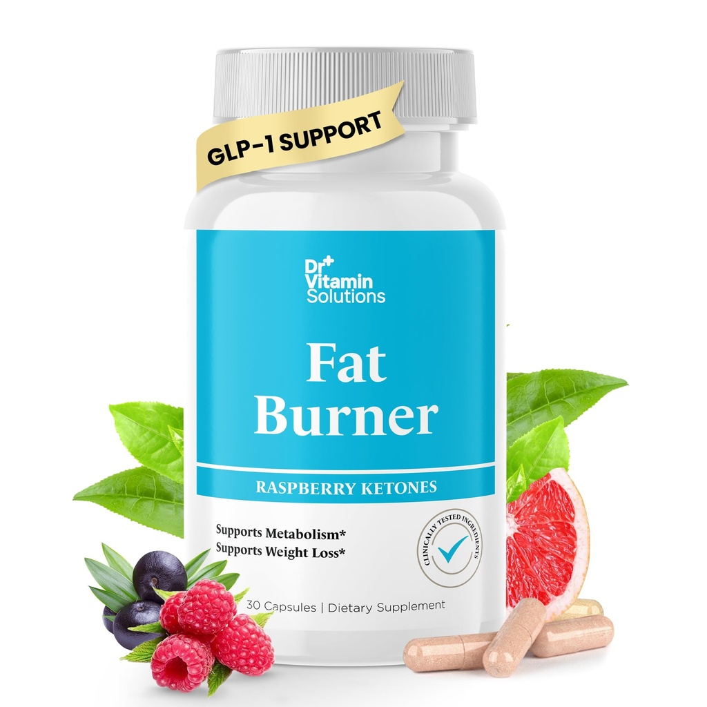 DR VITAMIN SOLUTIONS Fat Burner with GLP‑1 Support – Raspberry Ketones, Green Tea & Kelp – Metabolism & Appetite Support for Women & Men – 30 Capsules