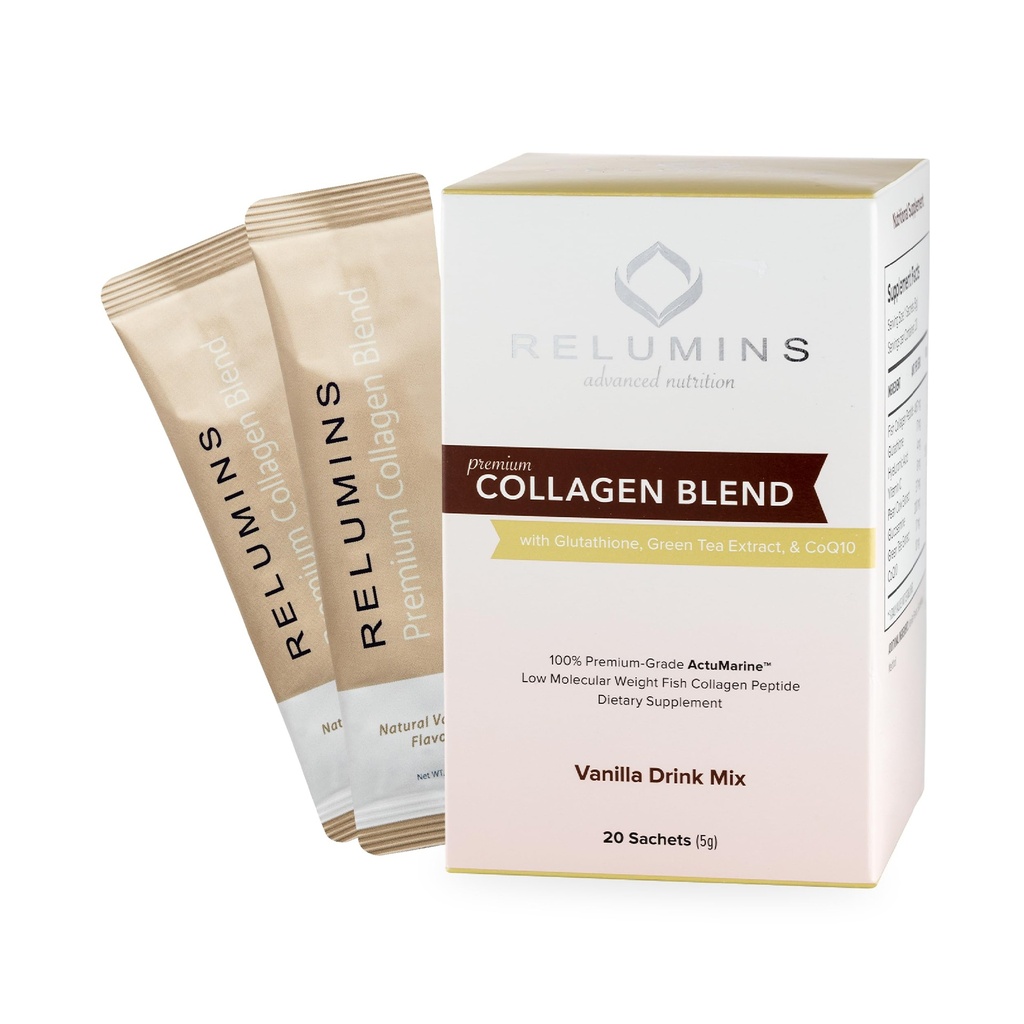 Relumins Marine Collagen Drink Mix 5000mg Type I, II, III Peptides with Glutathione, Green Tea, CoQ10 & Hyaluronic Acid for Smooth Glowing Skin - Vanilla Flavor - 100 Sachets + 10 Free