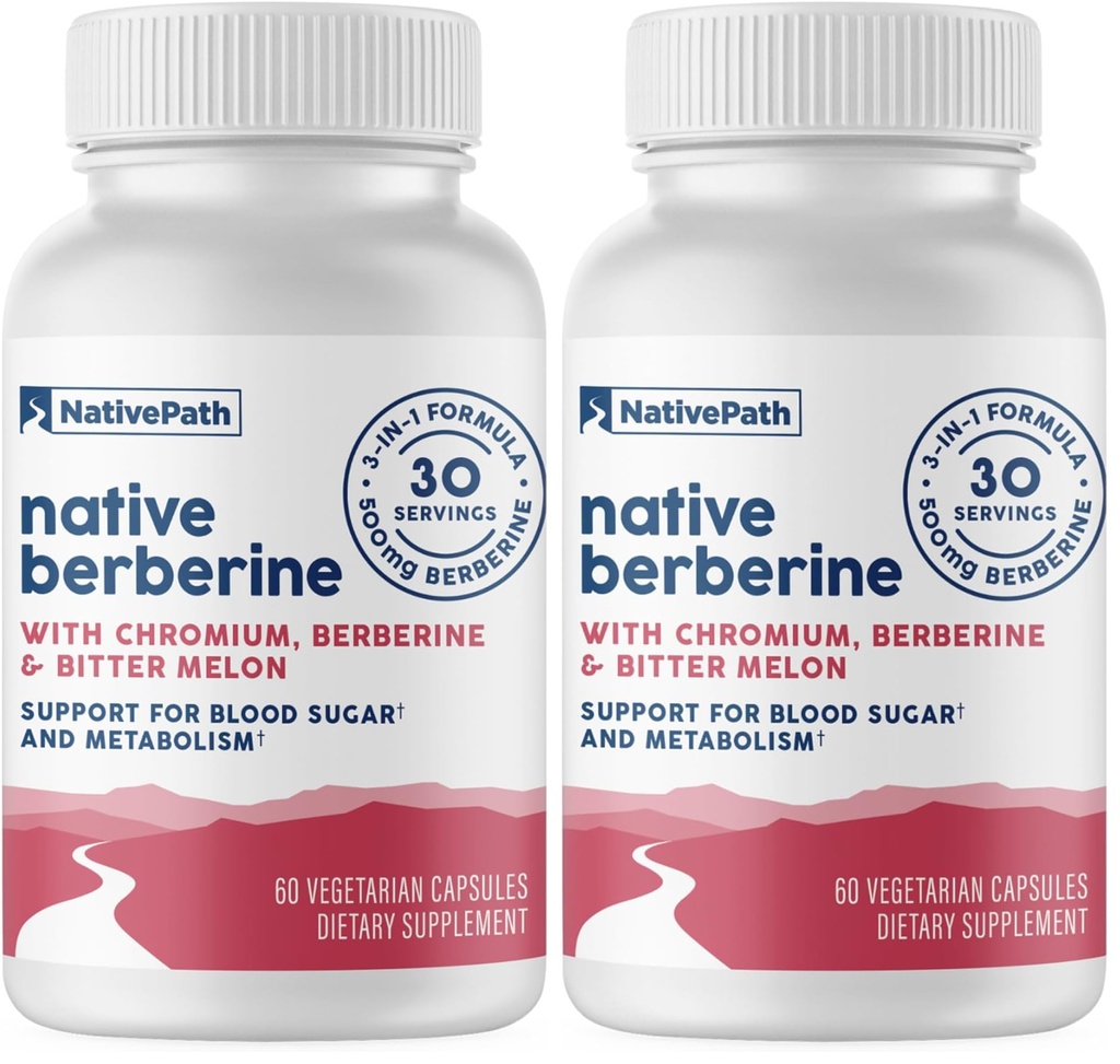 NativePath Native Berberine HCl 3-in-1 Complex with Chromium & Bitter Melon Extract - 500mg Premium Metabolic Support - 60 Capsules (Pack of 2)