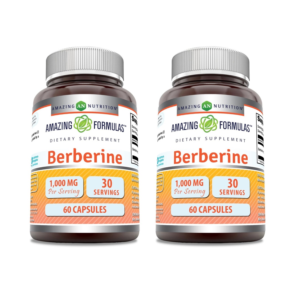 Amazing Formulas Berberine 1000mg Per Serving Capsules Supplement | Non GMO | Gluten Free | Made in USA (60 Count | 2 Pack)