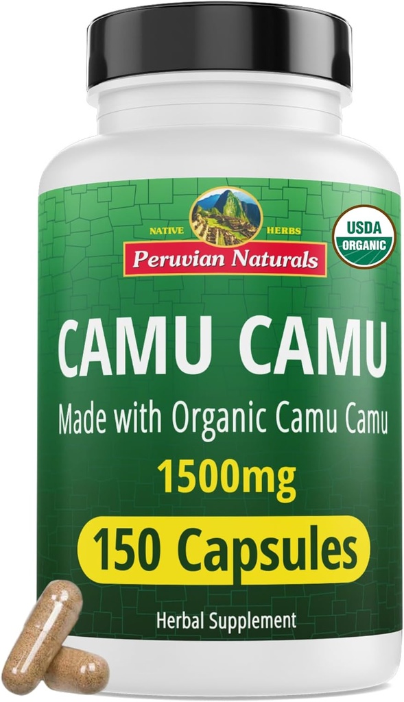 Naturales Peruanos Vitamina Orgánica C de Camu Capsules 1.500mg - 150 Píldoras Veganas, Vitamina Natural C de Alimentos completos Camu Berry Orgánica, No GMO