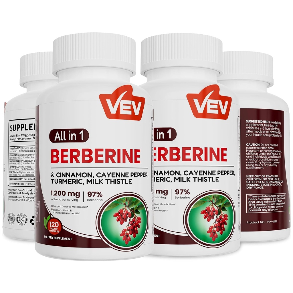 VEV Berberine Supplement with Ceylon Cinnamon for Daily Wellness Support, Vegan & Non-GMO – 2 Bottles (240 Capsules Total)