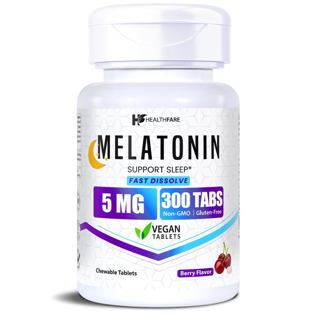 Healthfare Melatonin 5mg | 300 Fast Dissolve Tablets | Berry Flavor | Vegan, Non-GMO, Gluten-Free | Made in the USA