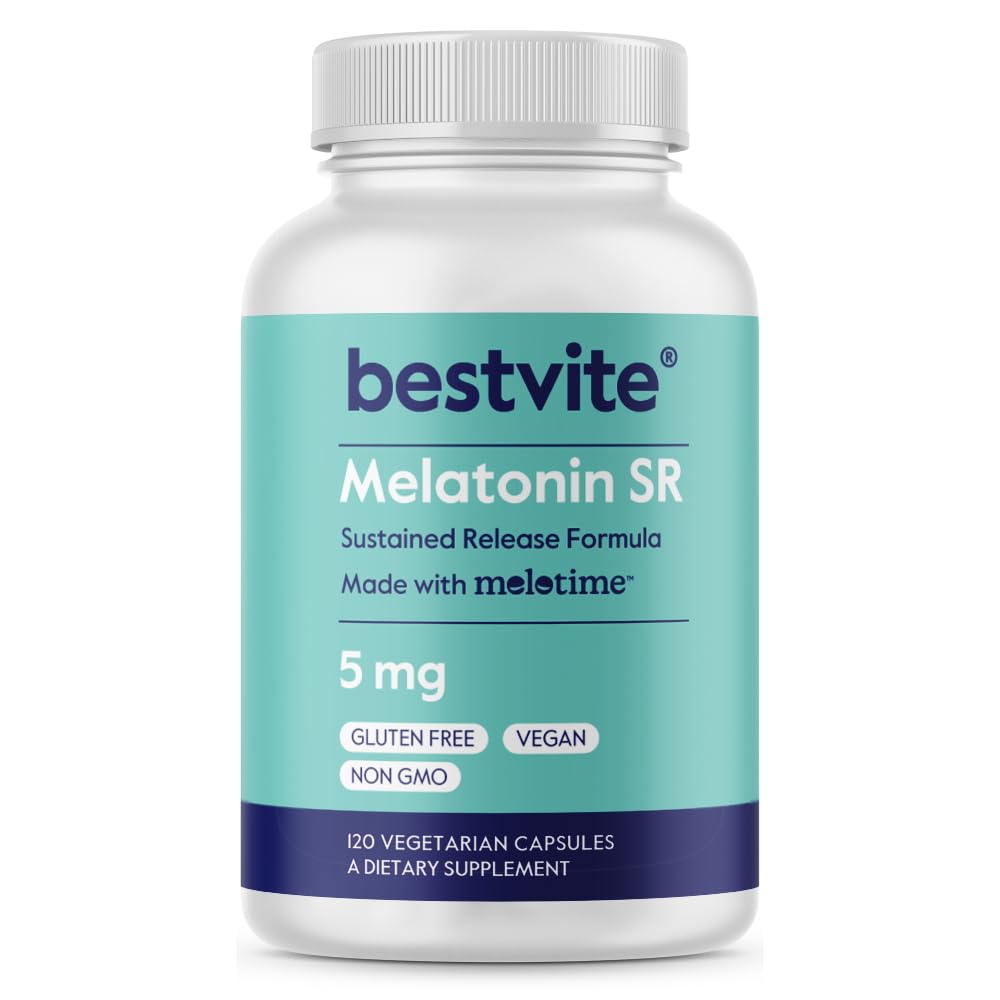 BESTVITE Melatonin SR 5mg (120 cápsulas vegetarianas) - Extended Release Melatonin - Vegan - Non GMO - Gluten Free