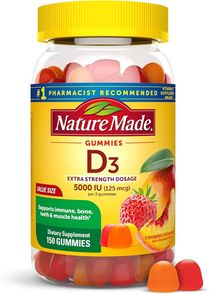 Nature Made Vitamina D3 5000 UI Por Ser Gummies Extra Strength, Bone and Immune Health Support, 150 Vitamina D Gummies for Adults, 75 Day Supply