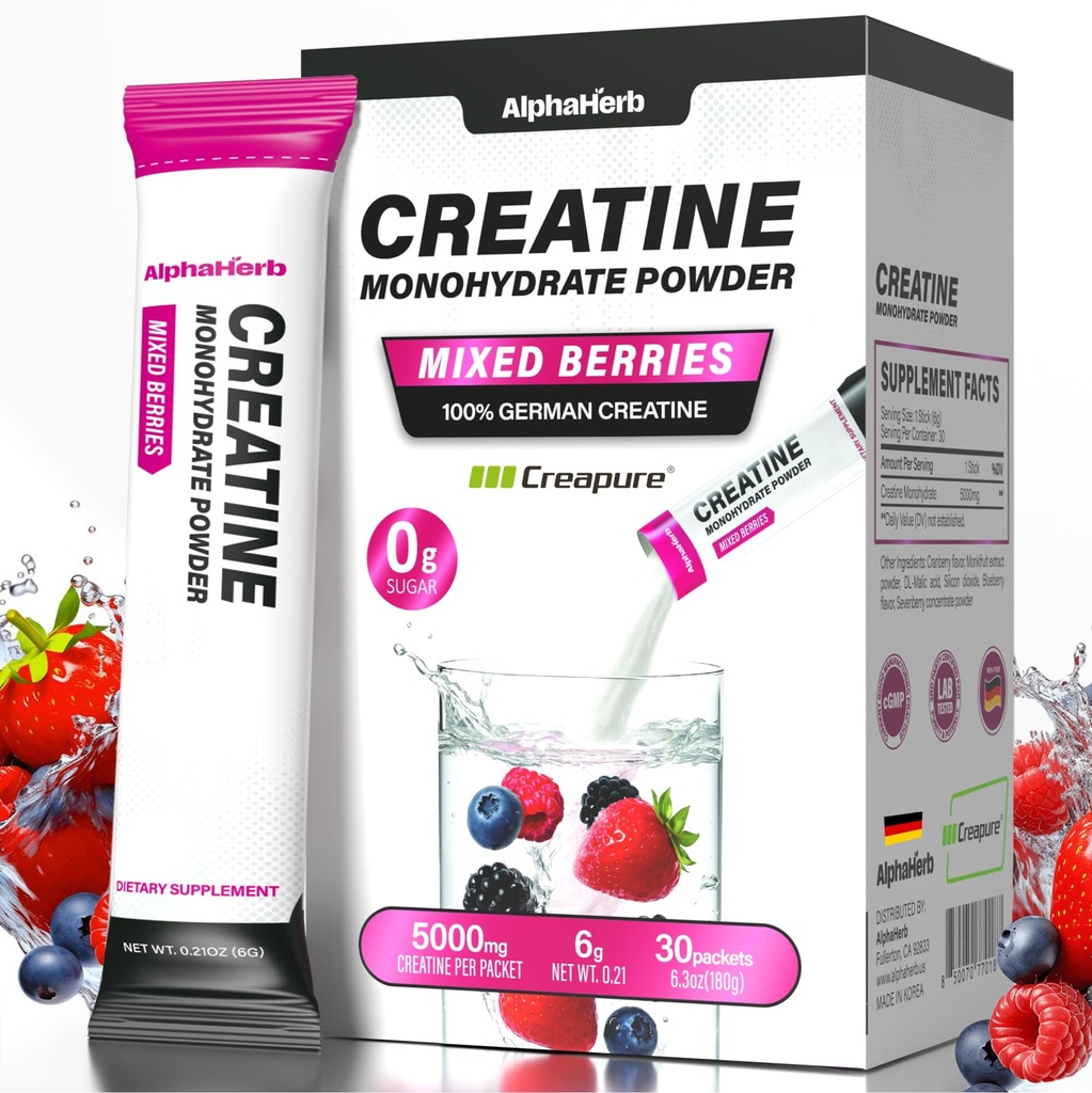 Creatine Monohydrate Powder – Creapure® German-Sourced, Mixed Berry Flavour, 30 Stick Creatine Packs, 5000mg Each | No Sugar, No Fillers, Gluten-Free
