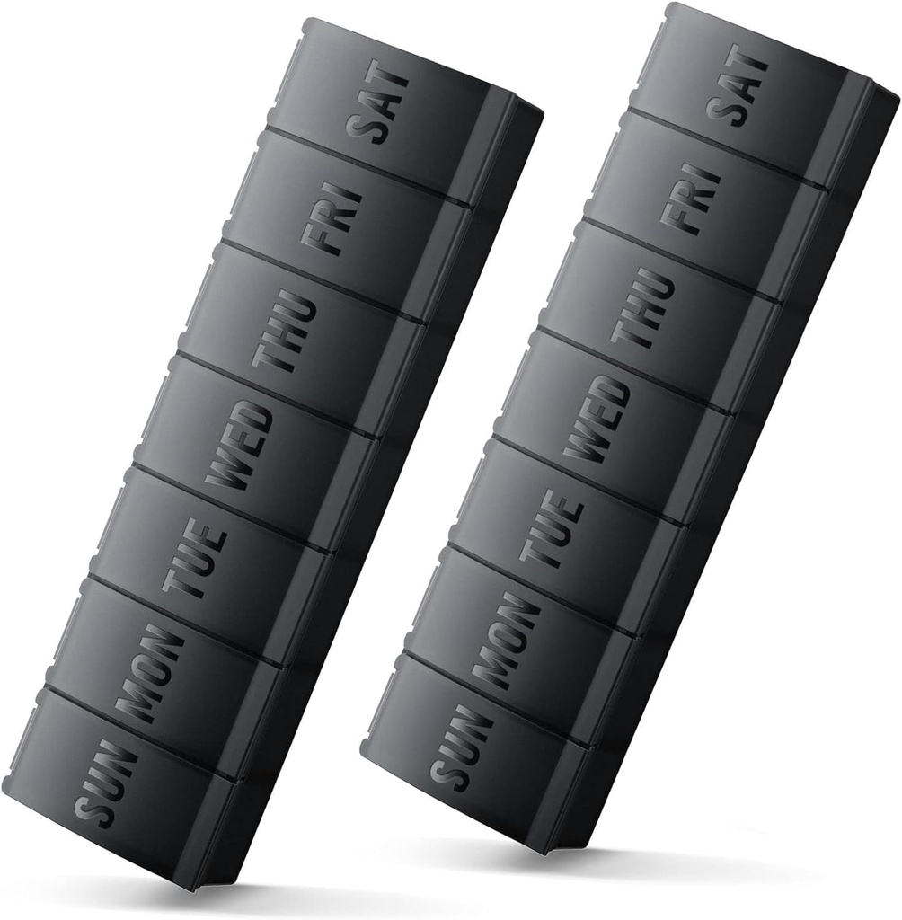 Organizador de píldoras grandes 2 Pack, organizador semanal fácil de abrir, organizadores de píldoras diarias XL, organizadores de píldoras de 7 días, caja de medicina 7 días para grandes suplementos de vitamina (Doble Negro)