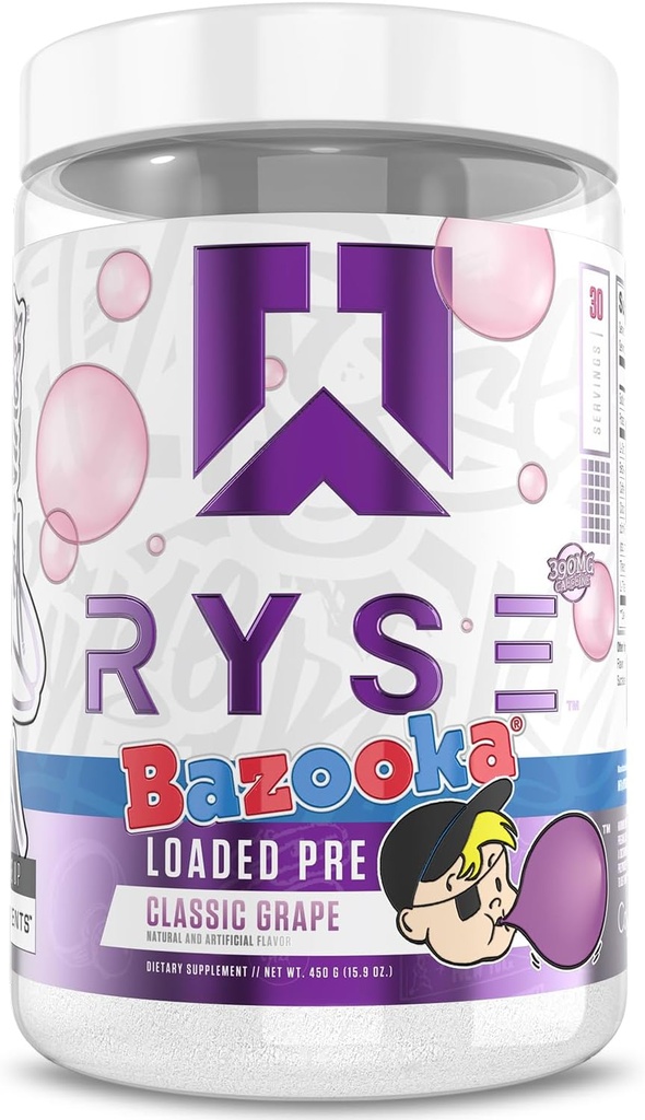 RYSE Cargado Pre Workout Powder - Bazooka Grape - Daily Pre-Workout for Men &amp; Women with 390mg Caffeine, Beta Alanine, and Citrulline for Pump, Focus, and Energy - 30 Servings