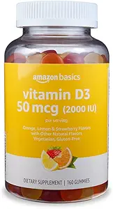 Basics Vitamina D3 2000 UI Gummies, Orange, Lemon &amp; Strawberry, 160 Cuenta (2 por Serving) (Previamente Solimo) (Pack of 2)
