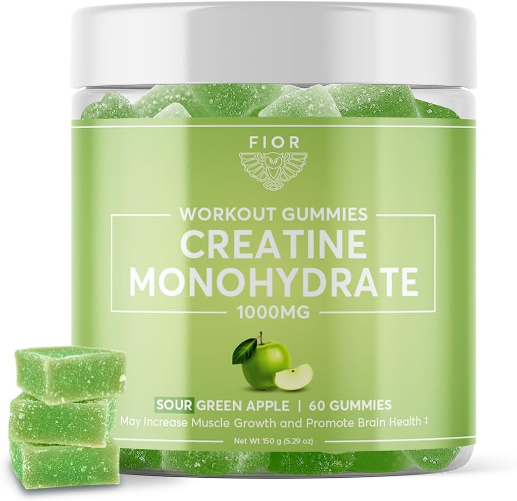 FIOR Creatine Gummy - Mejor Cretina Monohydrate Chewable, 60 Cuenta, Workout &amp; Protein Suplemento, Cognitive Enhancement, Sour Green Apple Flavor, 30 Servimientos