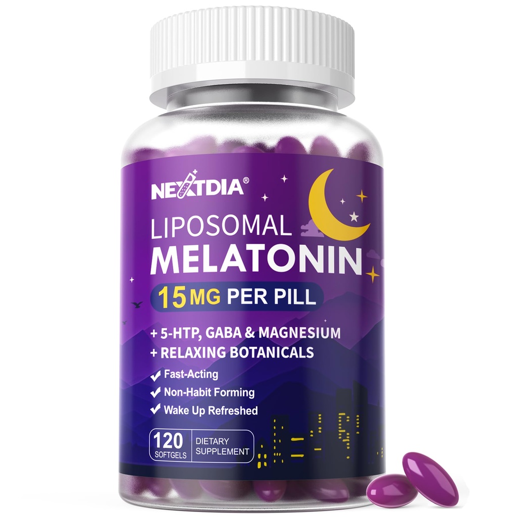 Liposomal Time Release Melatonin + Magnesium Sleep Supplement, Natural Calm Sleep Aids for Adults, 15mg 30mg Melatonin Extended Release Pills w / GABA, 5-HTP, Ashwagandha & L-Theanine, 120 Softgels