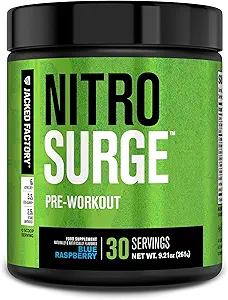 Jacked Factory NITROSURGE Pre Workout Suplemento - Energy Booster, Instant Strength Gains, Clear Focus &amp; Intense Pumps - NO Booster &amp; Powerful Preworkout Energy Powder - 30 Servings, Blue Raspberry