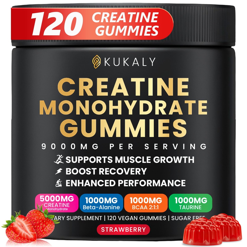 Creatine Monohydrate Gummies for Men & Women, 9000MG Creatine Gummies Sugar Free with L-Taurine, BCAA 2:1, B12 B6 for Boost Strength, Focus & Endurance, Vegan, Non-GMO, Strawberry, 120pcs