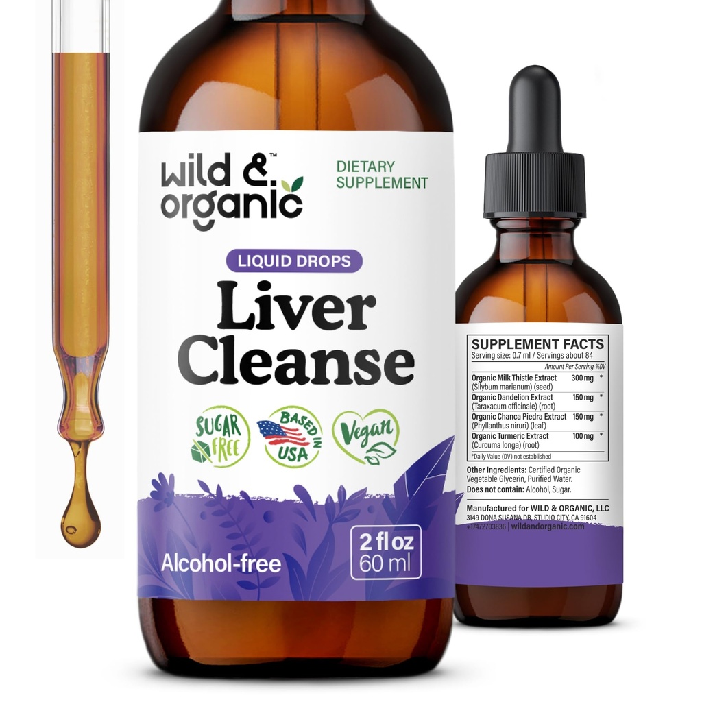 Wild &amp; Organic Liver Cleanse Tincture - Liver Detox Fórmula con Leche Esteto, Dandelion Root, Chanca Piedra Breaker Extracto - Suplemento Herbal - Vegan, Azúcar &amp; Liquid Drops libres de alcohol - 2 oz