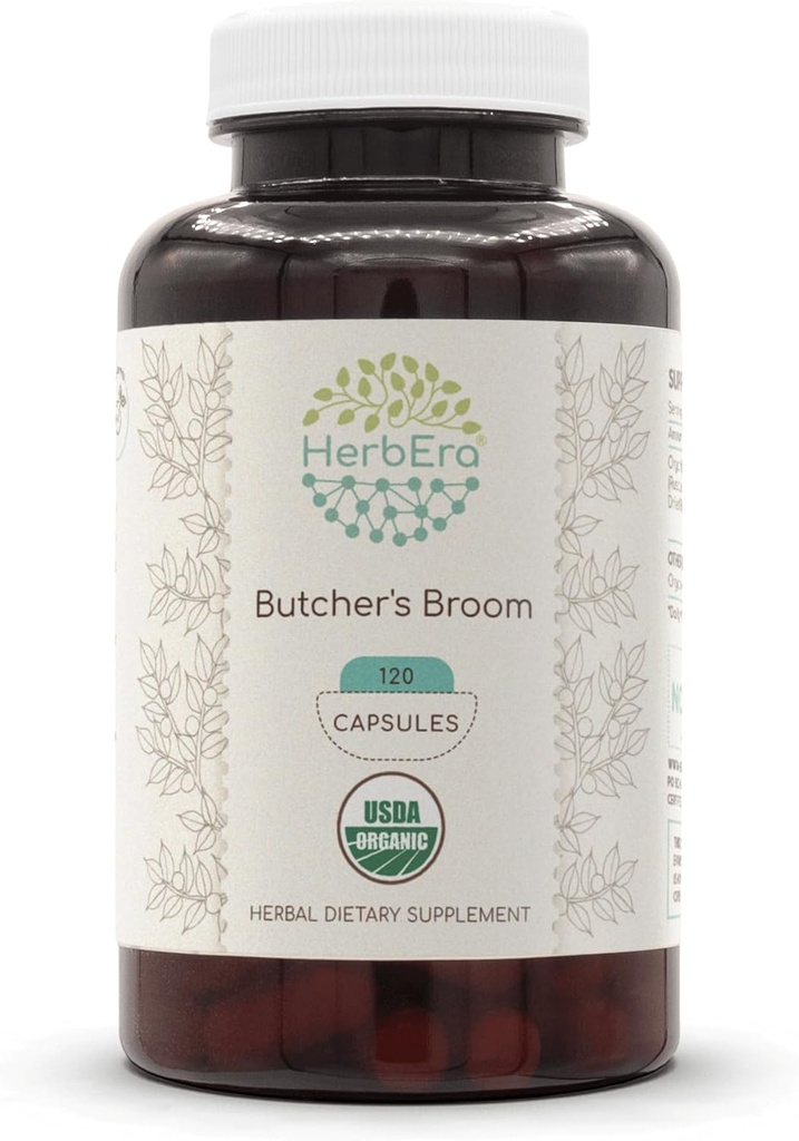 HerbEra Butcher's Broom USDA Organic 120 Capsules ← Natural Herbal Suplemento Silencio Certified Organic Vegetarian Capsules and Organic Butcher's Broom (Ruscus aculeatus) Dried Root (120 cápsulas)