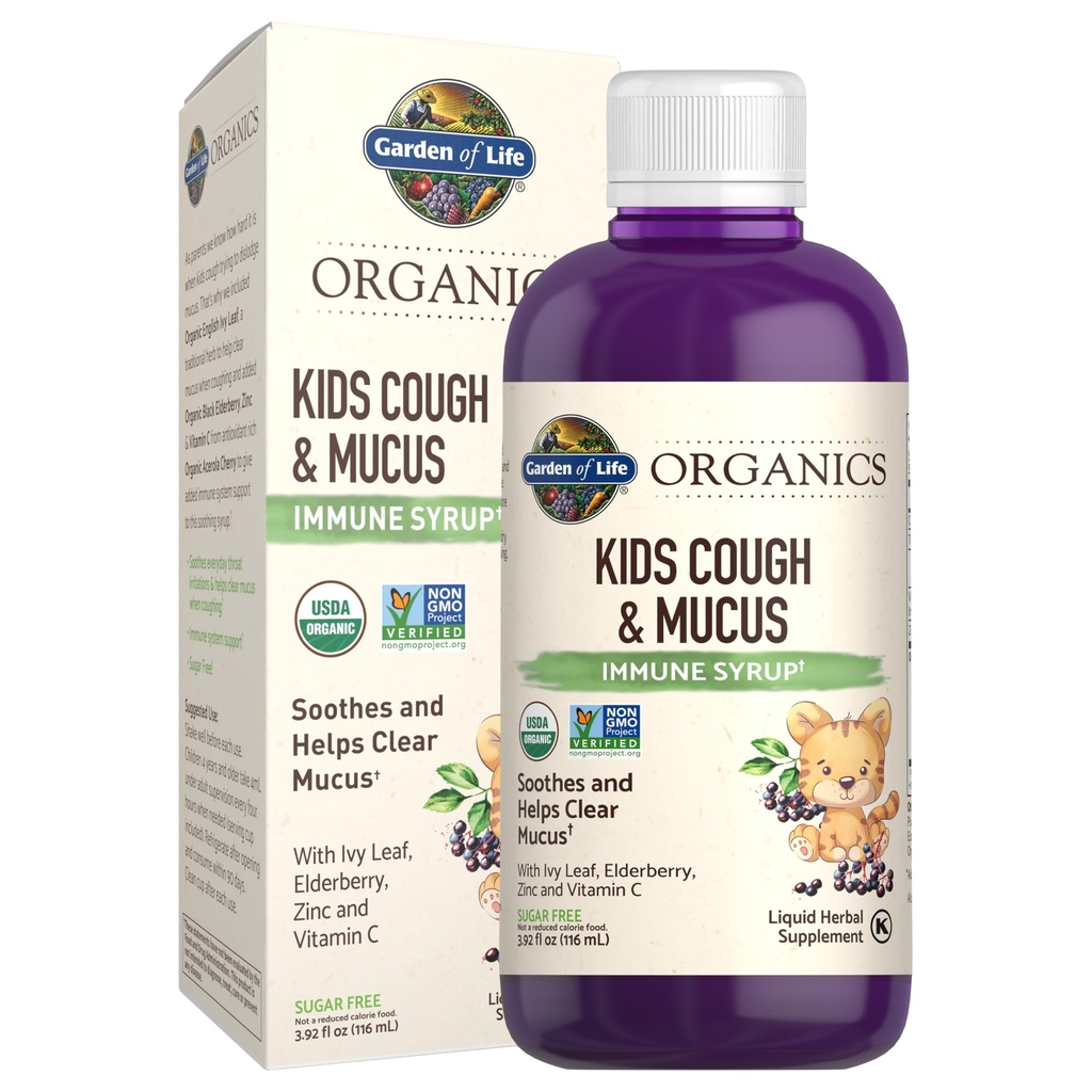 Garden of Life Organics Elderberry & Zinc for Children's Immune Support, Kids Cough & Mucus Immune Syrup with Ivy Leaf, Vitamin C and Echinacea for Children, Alcohol-Free, No Added Sugars, 3.92 fl oz