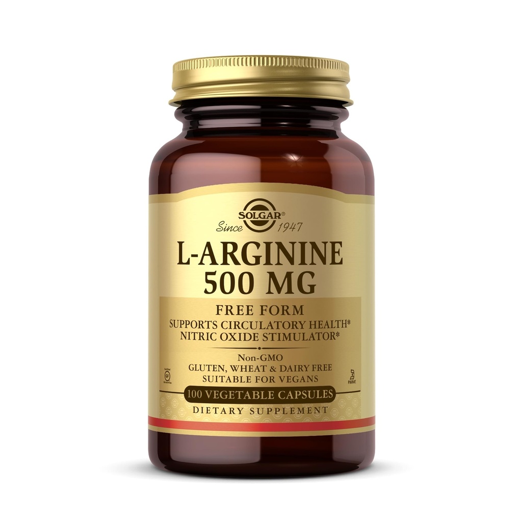 Solgar L-Arginine 500 mg - 100 Vegetable Capsules - Nitric Oxide Stimulator - Non-GMO, Vegan, Gluten Free, Dairy Free, Kosher - 100 Servings
