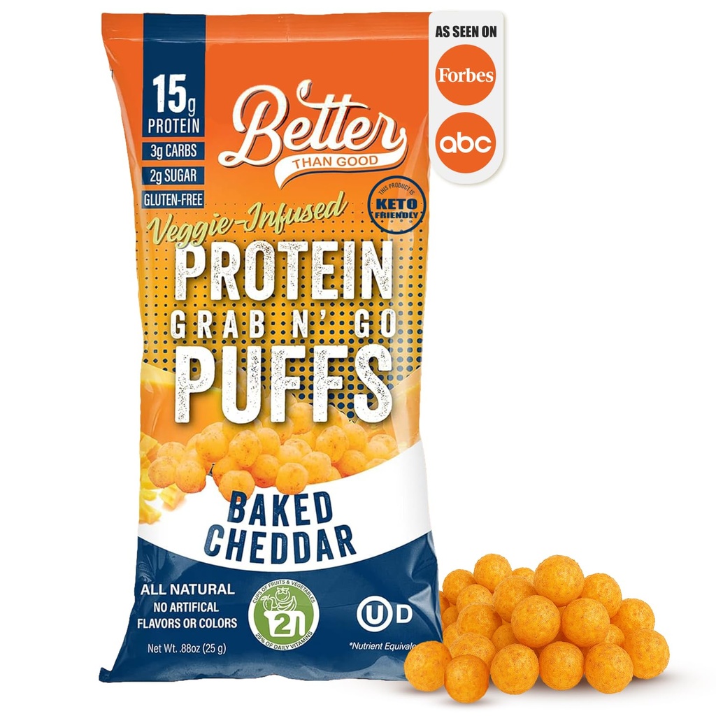 Better Than Good Savory Keto, Gluten-Free Baked Cheddar Protein Puffs (4-Pack) - Paleo, Low Sugar, Low Calorie, Diabetic Friendly Snacks | 15g Protein & 2 Servings of Fruits & Veggies