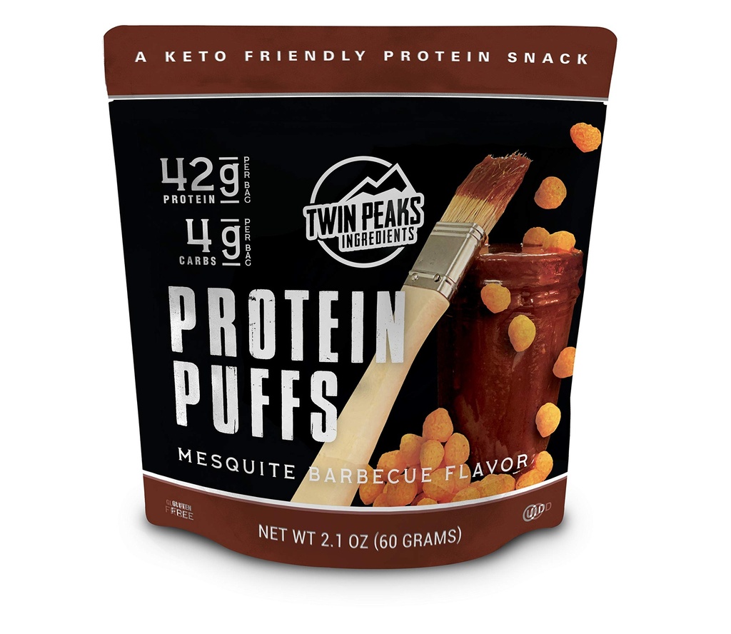 Twin Peaks Low Carb, Keto Friendly Protein Puffs, Mesquite Barbecue 2 Servings, 3 Pack (60g, 42g Protein, 4g Carbs, 120 Cals)