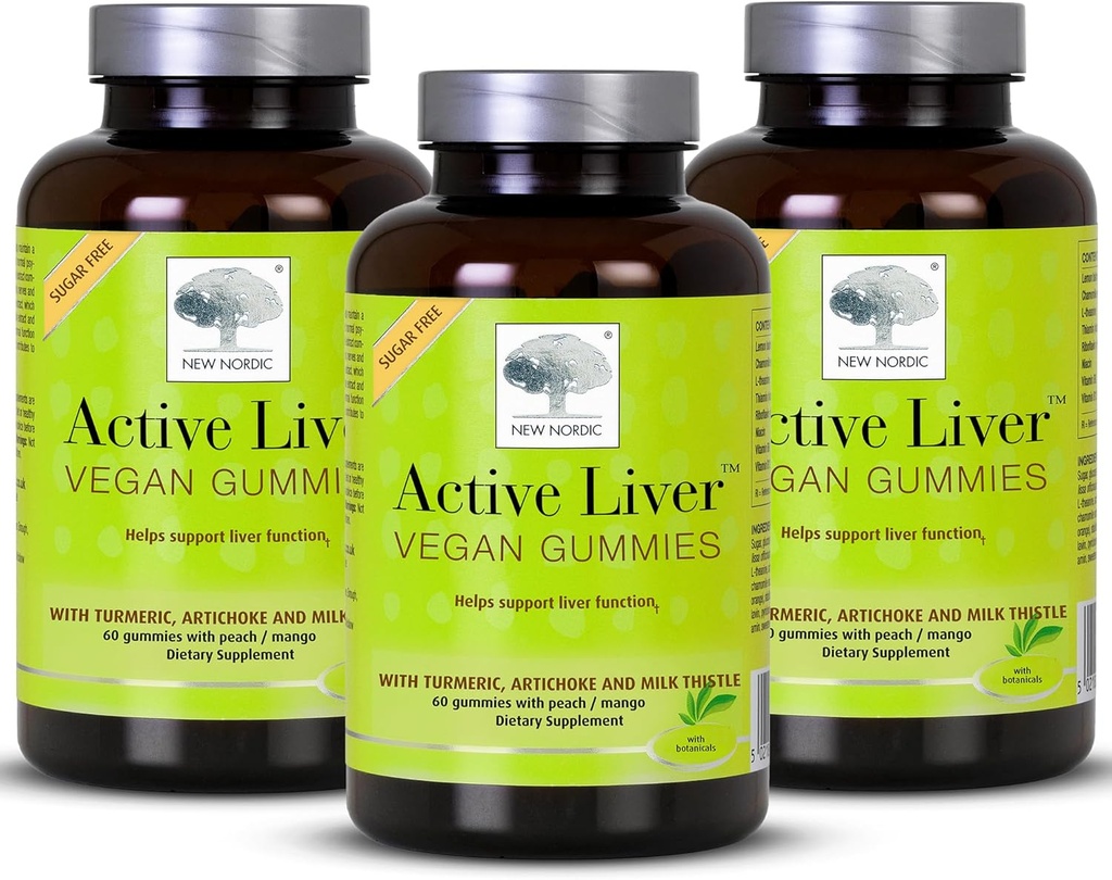 New Nordic Active Liver Gummies, Milk Thistle, Artichoke & Turmeric Supplement, Natural Peach & Mango Flavor, Sugar Free & Vegan, 60 Conde (Pack of 3)