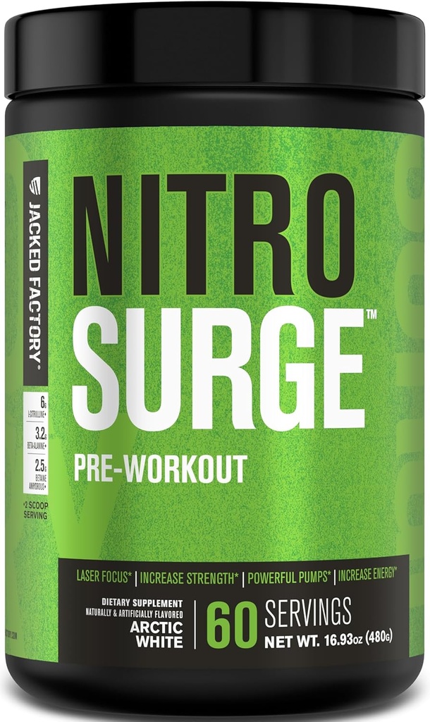 Jacked Factory NITROSURGE Pre Workout Suplemento - Endless Energy, Instant Strength Gains, Clear Focus, Intense Pumps - NO Booster &amp; Powerful Preworkout Energy Powder - 60 Servings, Arctic White