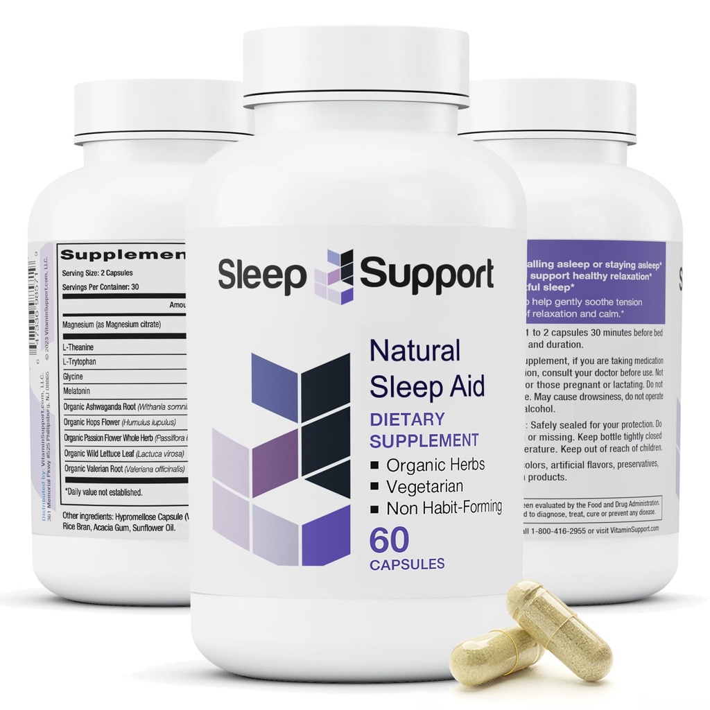 SleepSupport - Ayuda natural al sueño para adultos para ayudar a promover la calma y la relajación - Suplemento orgánico del sueño con Ashwagandha, Valerian Root, Magnesium, Melatonin, Glycine, L-Tryptophan - 60 cápsulas