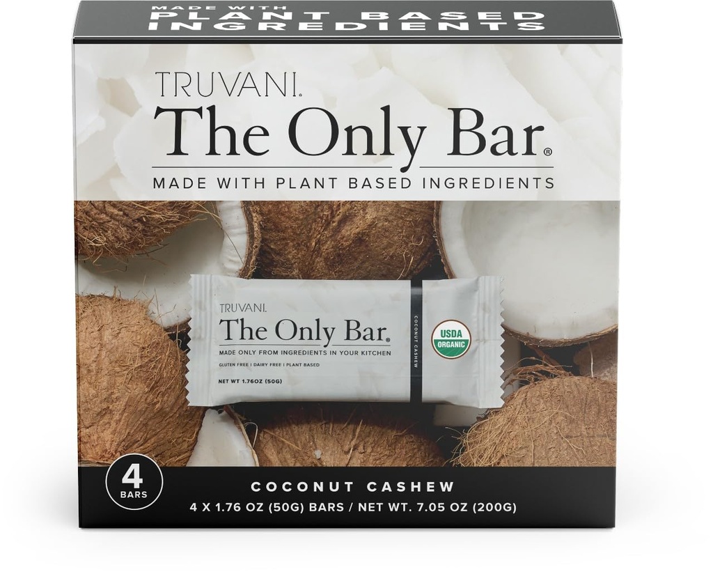 Truvani Plant Based Snack Bares ← Coconut Cashew 4 Pack ← 5g Protein Silencio USDA Orgánica y Vegan ← El único Bar Silencioso Dairy, Soy y Gluten Libre Silencio Individuo