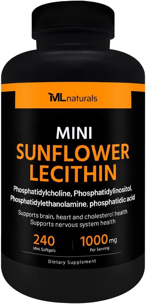 ML Naturals Mini girasol Lecithin 240 Softgels. Phosphatidylcholine, Phosphatidylinositol, Phosphatidylthanolamine, Phosphatidic Acid, NSF-Certified " cGMP-Compliant