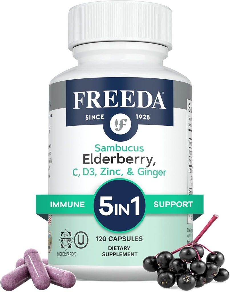 FREEDA Sambucus Elderberry with Vitamin C, Zinc, Vitamin D3 & Ginger - 5 in 1 Herbal Antioxidant Immune Support Supplement for Women &amp; Men - Gluten Free Adult Elderberry Capsules, USA Made (120 Count)