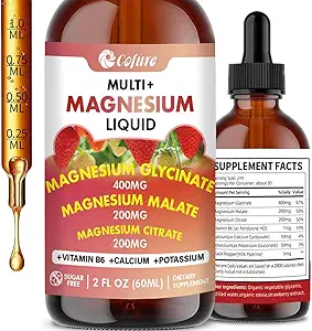 Complejo de magnesio triple 900 mg Líquido, Glicona de Magnesio, Citrato, Malato con Potasio, Calcio, Vitamina B6 para Adultos - Vegano, No GMO, Gluten Gratis - 2 Fl Oz