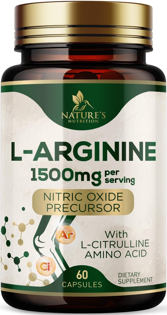 L-Arginine Extra Strength Suplemento con L-Citrulline - Muscle Supporting Natural Nitric Oxide Precursor Booster - Heart Health Support - Amino Acid Energy Blend for Men, USA Botellado - 60 cápsulas