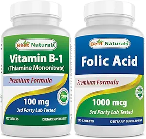 Mejores Naturales Vitamina B1 como Mononitario de Thiamine 100 mg &amp; Ácido Fólico 1000 mcg