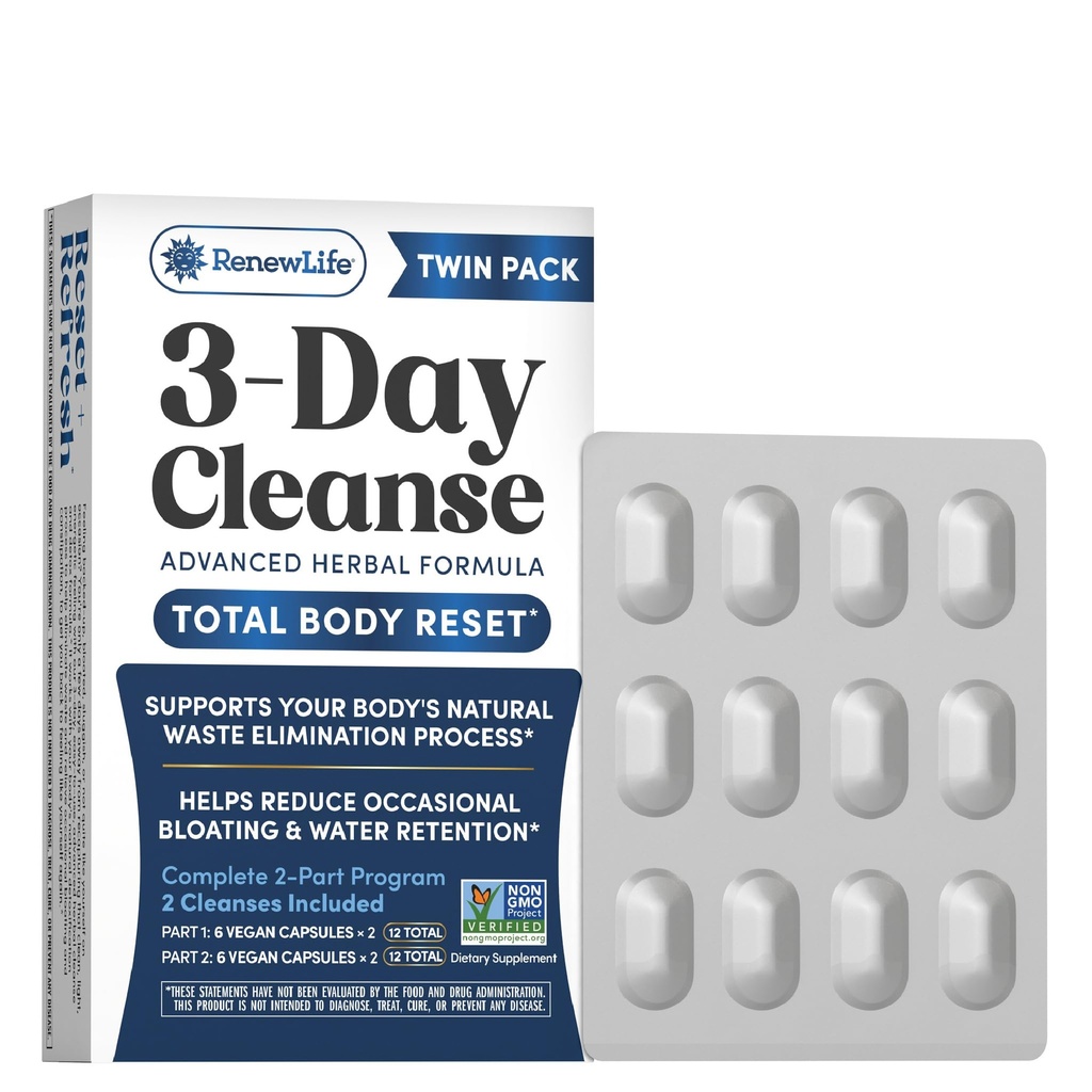 Renew Life 3 Day Cleanse Twin Pack ← Advanced Herbal Formula ← Ayuda a reducir la tensión ocasional y la retención de agua ← 2 Pack (12 cápsulas cada uno, 24 Total)