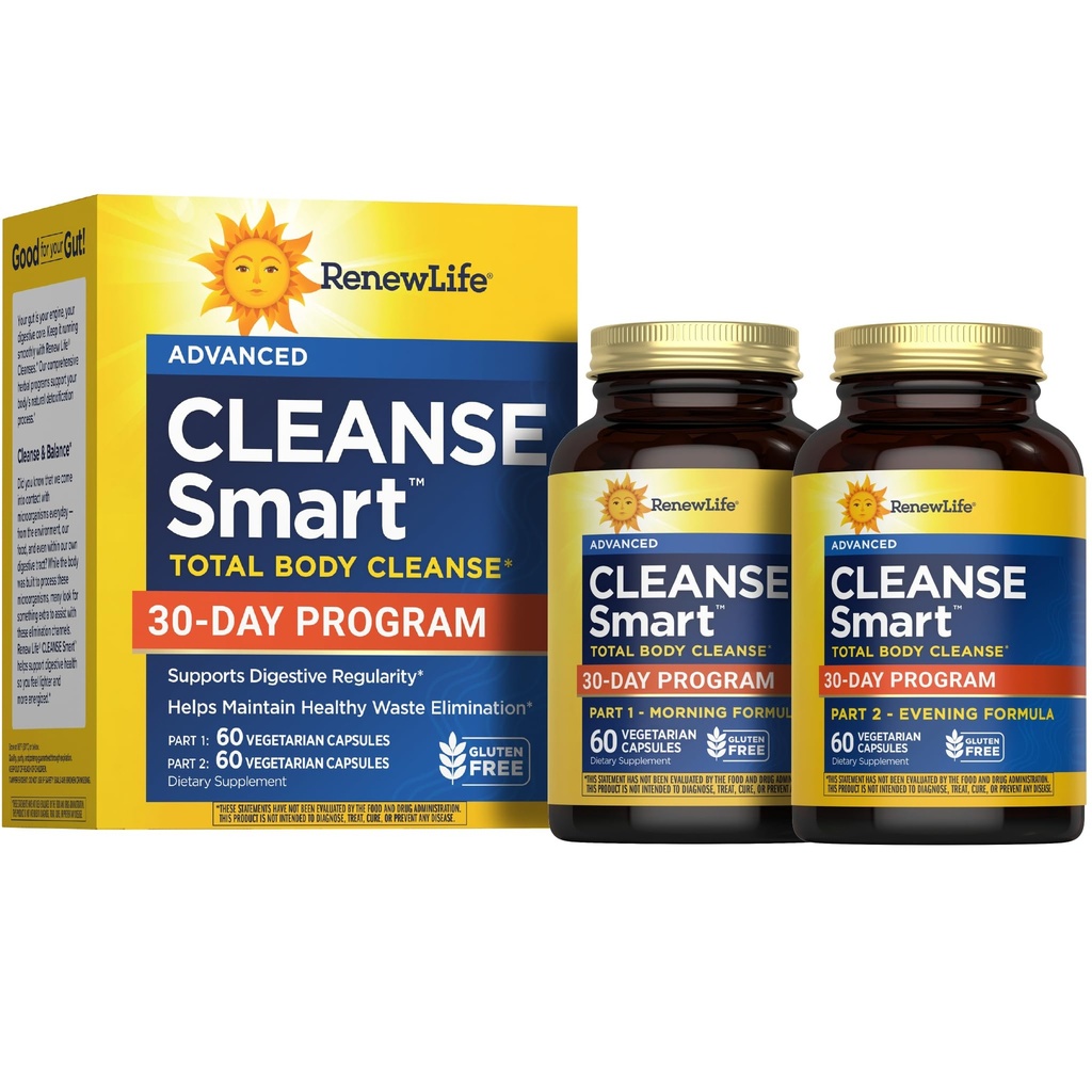 Renew Life Cleanse Smart Advanced Total Body Program, 2-Part Detox Cleanse Promotes Digestive Regularity and Supports Waste Elimination, Herbal Blend with Magnesium, Soy and gluten-free, 120 Count
