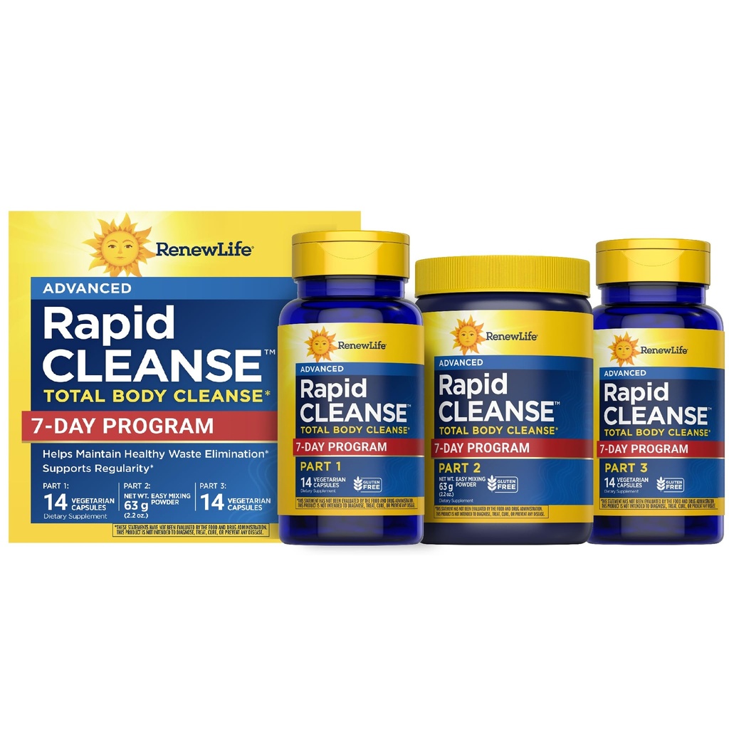 Renew Life Adult Cleanse - 7-Day Rapid Total Body Cleanse for Men &amp; Women - 3-Part, 7-Day Program - Gluten, Dairy & Soy Free - 28 Vegetarian Capsules + 2.2 Ounce Powder Formula (Packaging May Vary)