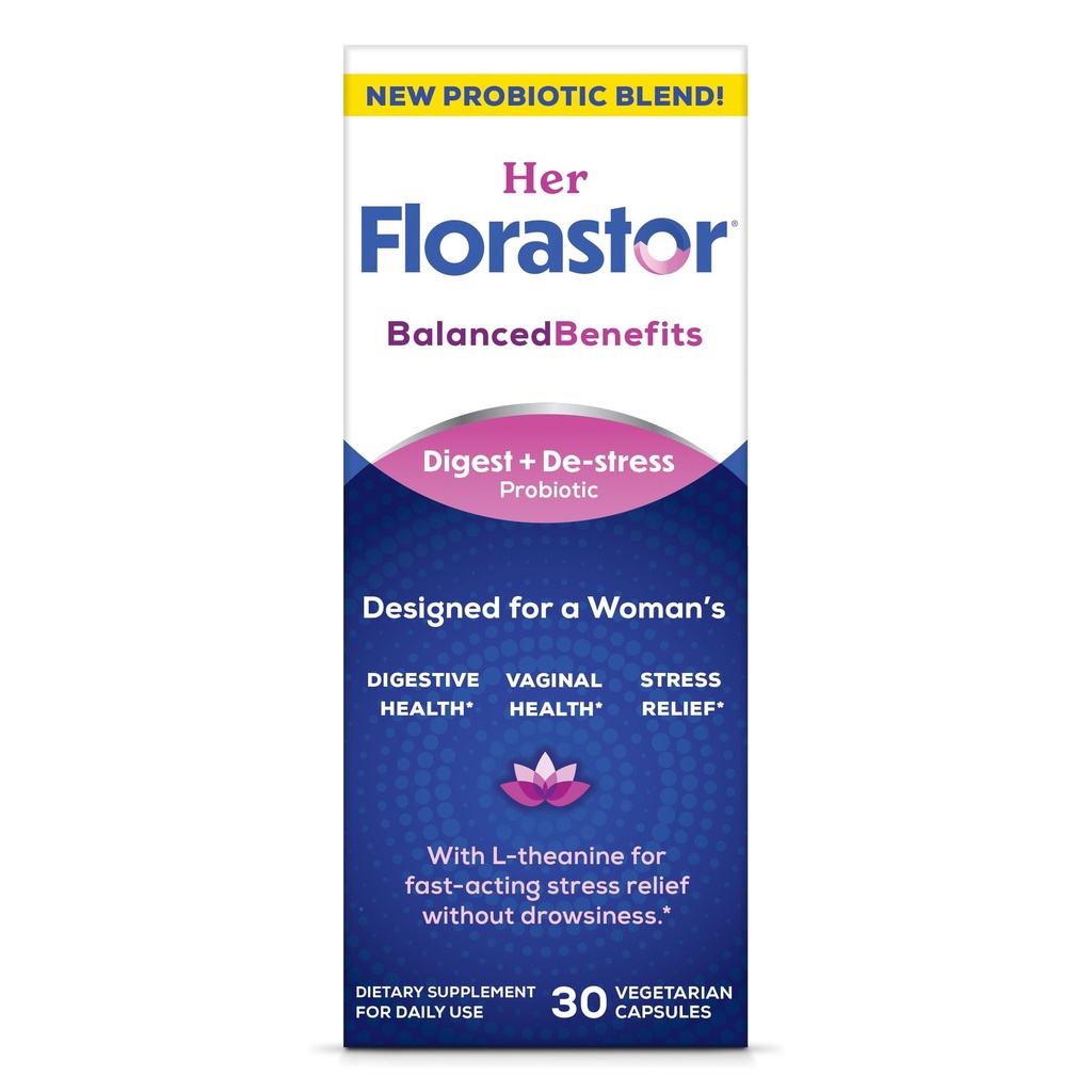 Florastor Probiotics for Women, Digest and De-Stress, Probiotics for Digestive Health, Vaginal Probiotic, and L-Theanine for Mind and Body Wellness, 30 Capsules