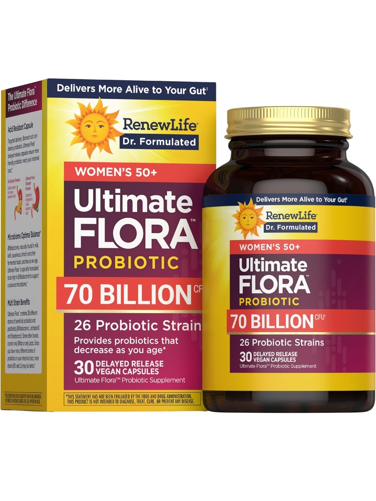 Renew Life Ultimate Flora Probiotics for Women 50+ 70 Billion CFU Delayed Release Vegan Capsules ← Vaginal ← Salud Digestiva