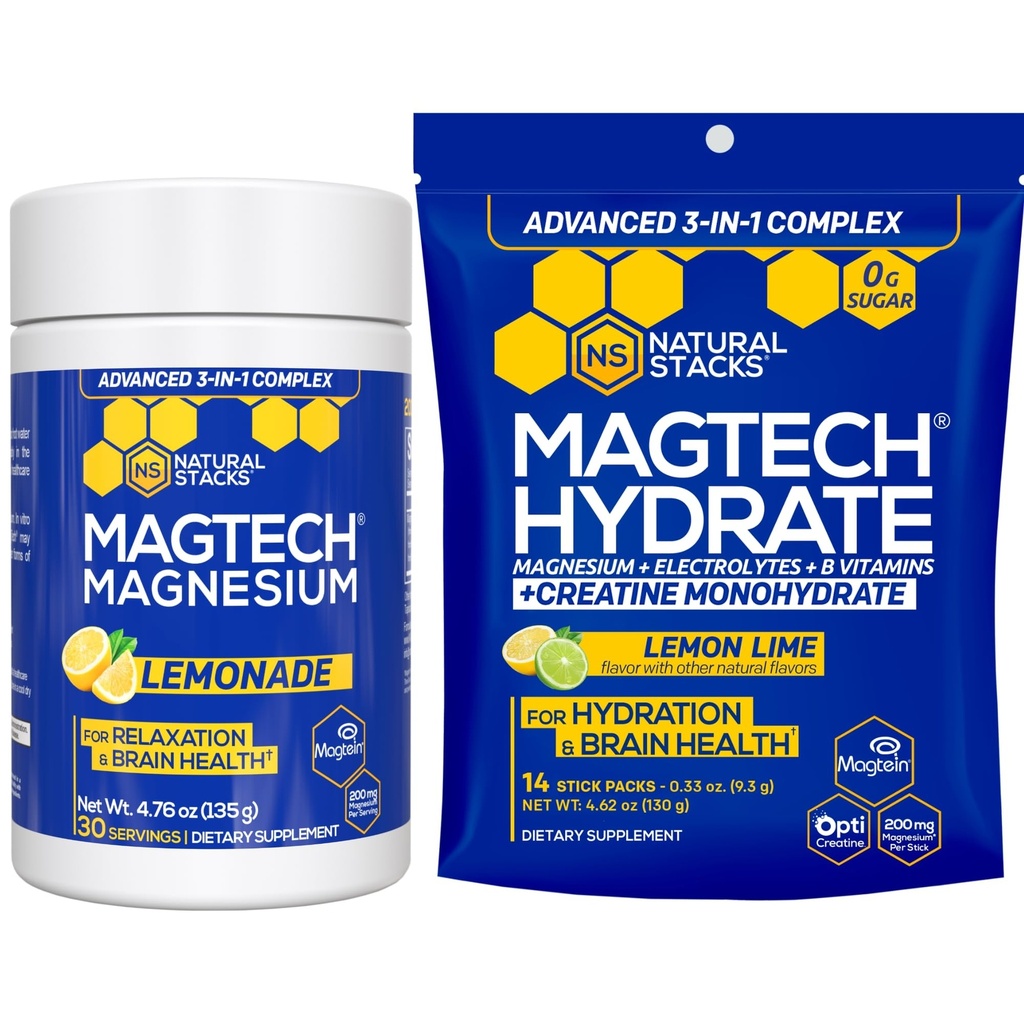 Magtech Magnesium Lemonade &amp; Magtech Hydration Powder with Creatine - Sugar Free Magnesium Powder - Supports Hydration &amp; Brain Health - 44 Total Servings