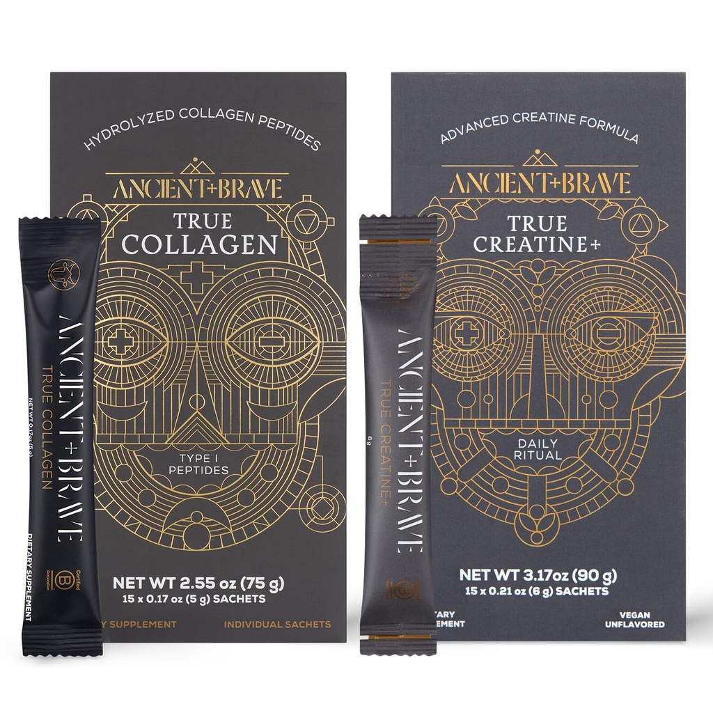 Antiguo + Brave True Collagen " True Creatine Packets - Premium Collagen Peptides + Advanced Creatine Formula Sachets (15 de cada) - Soportes Skin, Hair, Joints, Strength " Recovery+ - 5g x 30 Count