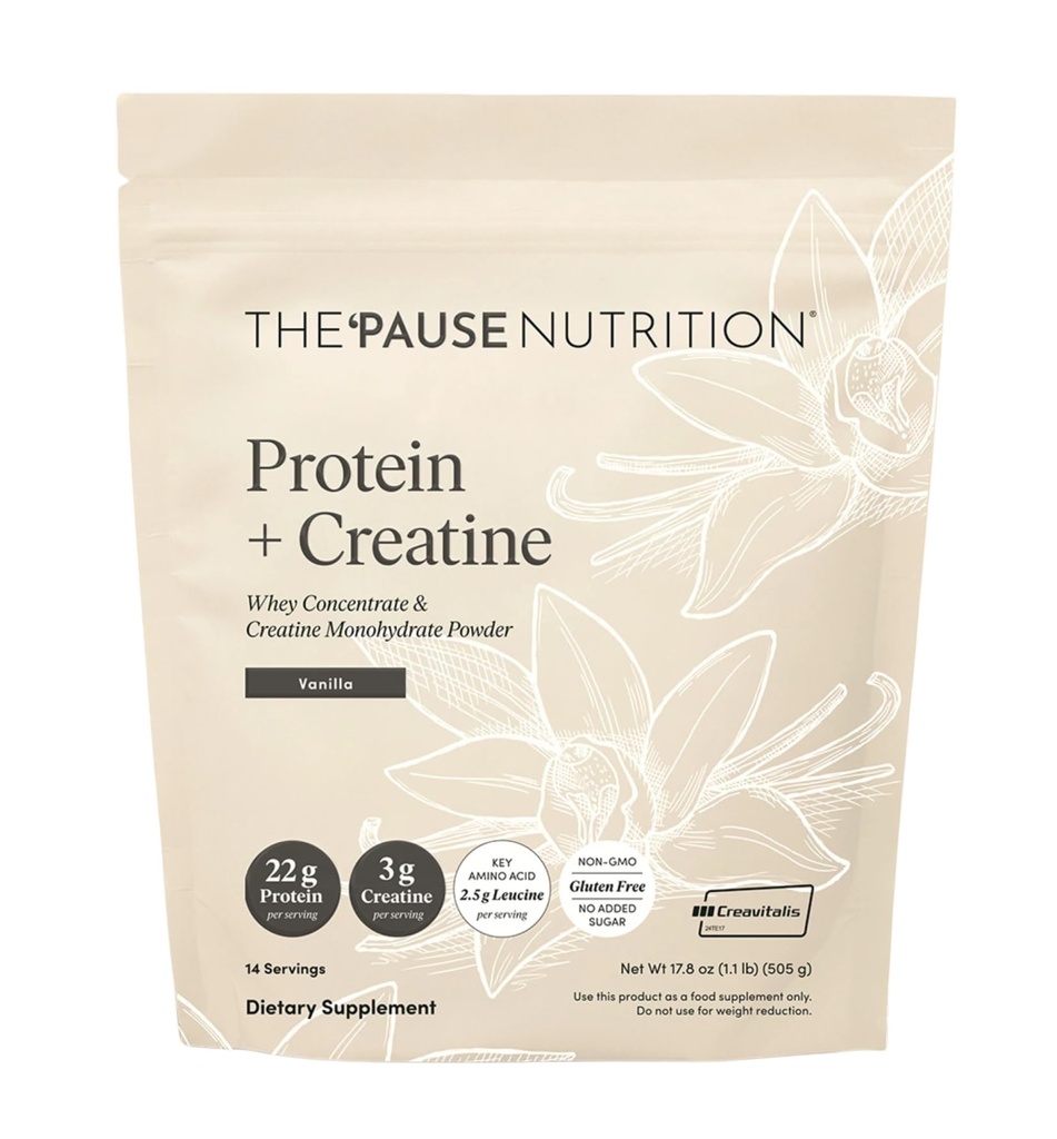 El 'Pause Life Protein + Creatine, Made with Creavitalis Creatine Monohydrate, Whey Protein, " BCAAs for Men and Women, Gluten Free, Low Sugar, Non GMO, Vanilla Flavor, 14 Servings, 17.8 oz