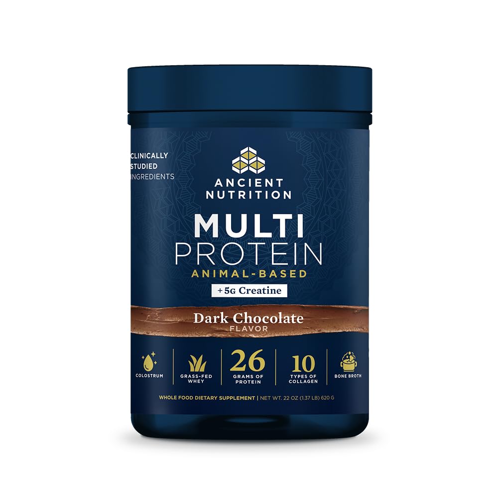 Antigua Nutrición Multi Proteína Powder basado en animales + Creatina, 26g Proteína, Grass Fed Whey, Bono Broth, Collagen Peptides, 5g Creatine Monohydrate, Colostrum &amp; Probiotics, Dark Chocolate, 15 Servings