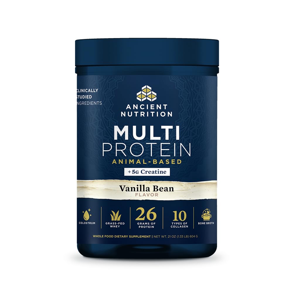 Antigua Nutrición Multi Proteína Powder basado en animales + Creatina, 26g Proteína, Grass Fed Whey, Bono Broth, Colagen Peptides, 5g Creatine Monohydrate, Colostrum &amp; Probiotics, Vanilla Bean, 15 Servimientos
