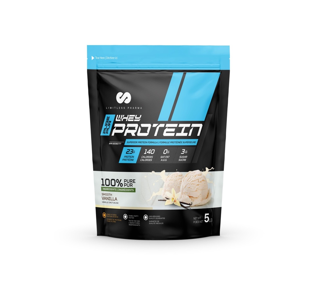 Limitless Pharma Pure Whey Protein ← High Protein Whey Concentrate Powder tención 23g Protein, 6g BCAAs, Gluten Free, Low Sugar, Low Carb, Low Lactose ← 65 Servings, 5LB (Smooth Vanilla)