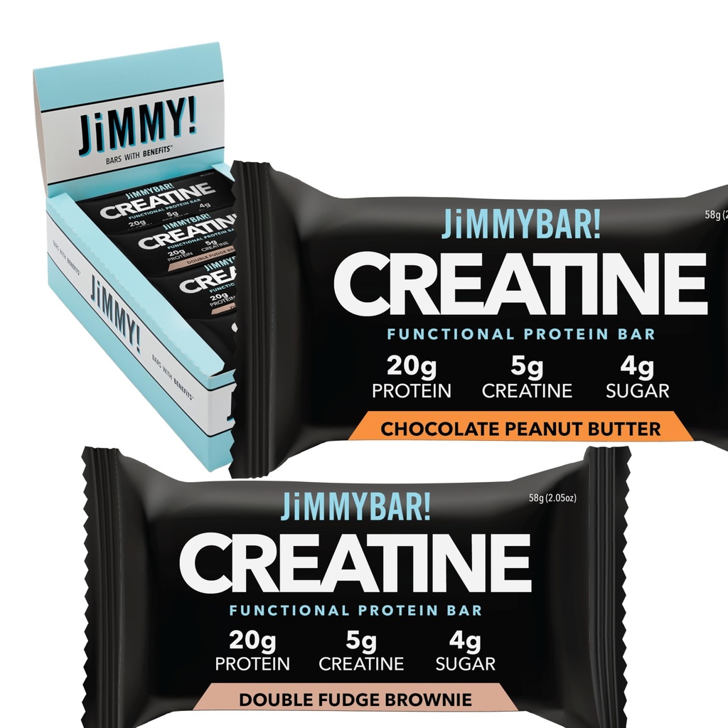 JiMMYBAR! Creatine Protein Bar - 5g of Creatine Monohydrate + 20g Protein - High Protein Snack - Supports Muscle Growth, Strength &amp; Recovery - Real Food Energy Bar for Athletes ← 12 Chocolate Peanut Butter + 12 Fudge Brownie Variety Pack (24 Bares)