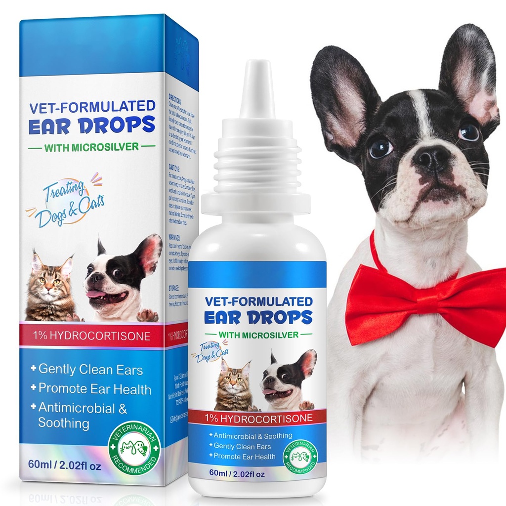Cat &amp; Dog Ear Infection Tratamiento gotas, Cat &amp; Dog Ear Cleaner for Itchy Ear Relief, con 1% de Hidrocortisona para las infecciones del oído del perro, Alivio de la picazón- 2.02 Fl.Oz
