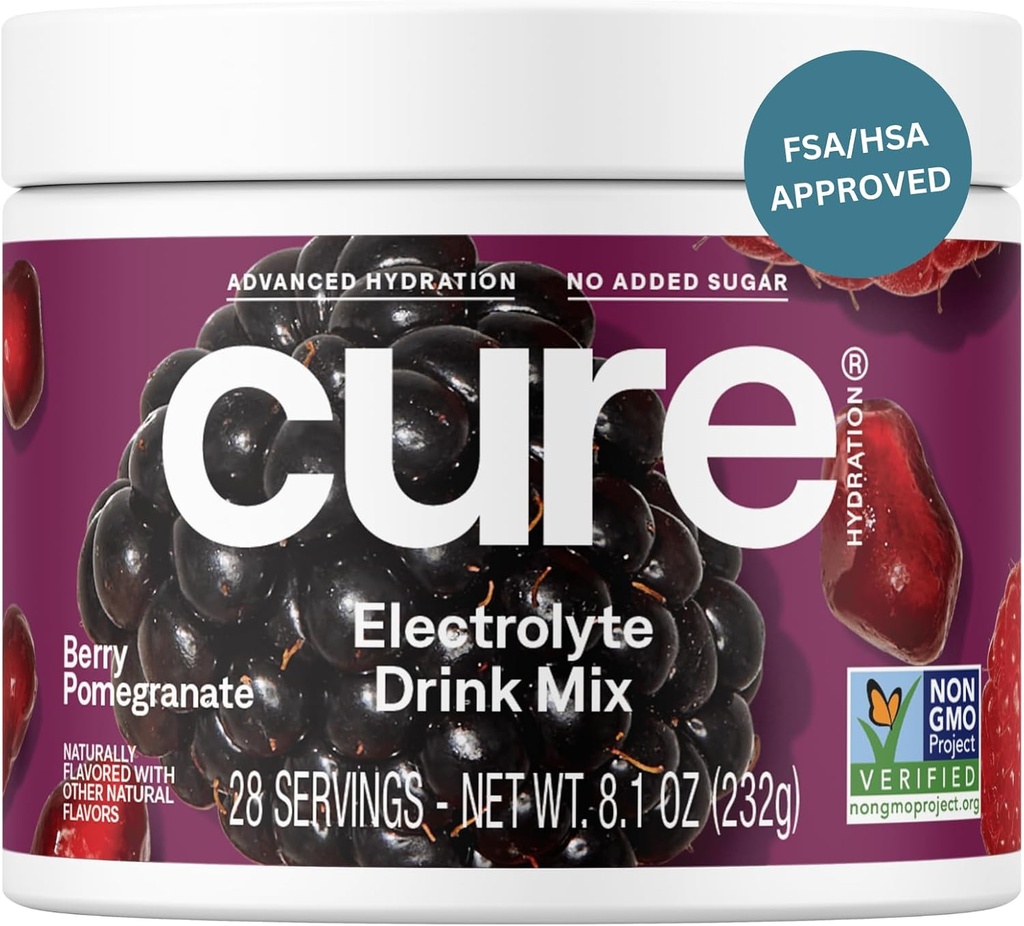 Cure Hydration ¦ Plant-Based Electrolyte Drink Mix ← No Añadido Sugar ← FSA-HSA ← Dehydration Relief Powder Made with Coconut Water ← Non-GMO Silencio Vegan Silencio 28 Servings Jar - Berry Pomegranate
