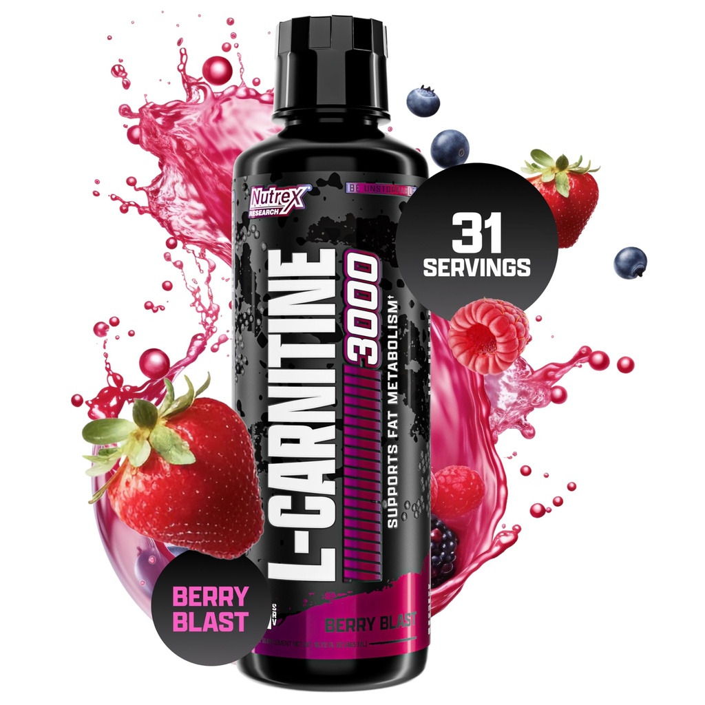 Nutrex Research L-Carnitine 3000 (31 Servings, Berry Blast) | Liquid Shots, Stimulant Free | Supports Muscle Recovery For Men and Women