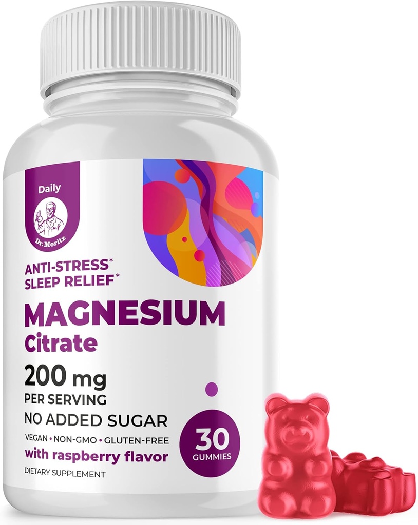 DR. MORITZ Magnesium Citrate Gummies for Adults - Gafas de Magnesio Calma Libre de Azúcar - Soportes Cardiovascular Health- Raspberry Flavor - Non-GMO, 200 mg (30 conteo)