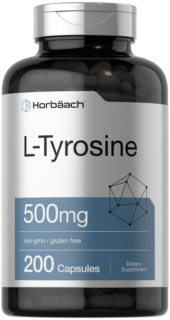 Horbäach L Tyrosine Supplement | 500mg | 200 Capsules | Free Form | Non GMO, Gluten Free Supplement